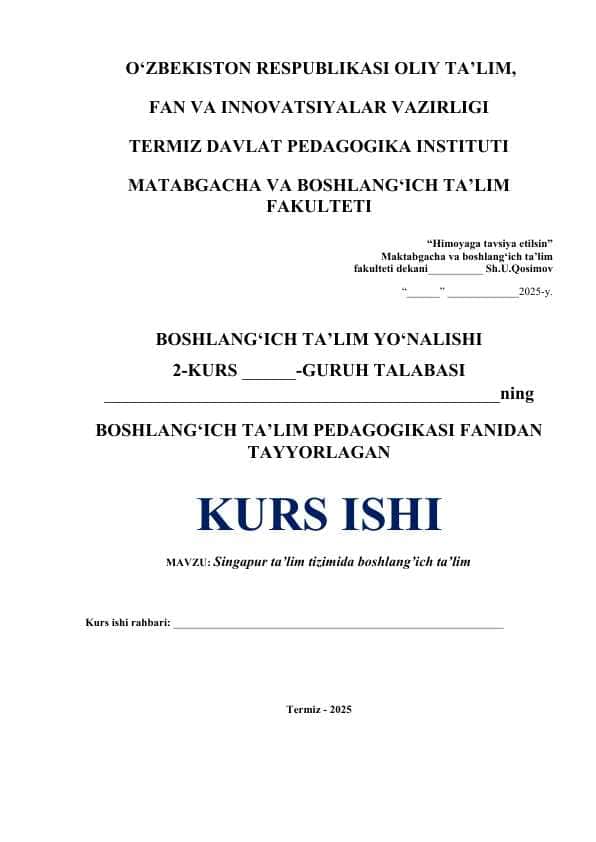 Singapur ta’lim tizimida boshlang’ich ta’lim