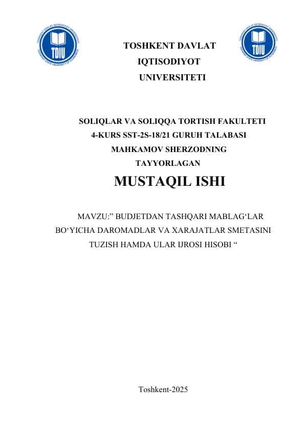 BUDJETDAN TASHQARI MABLAG‘LAR BO‘YICHA DAROMADLAR VA XARAJATLAR SMETASINI TUZISH HAMDA ULAR IJROSI HISOBI