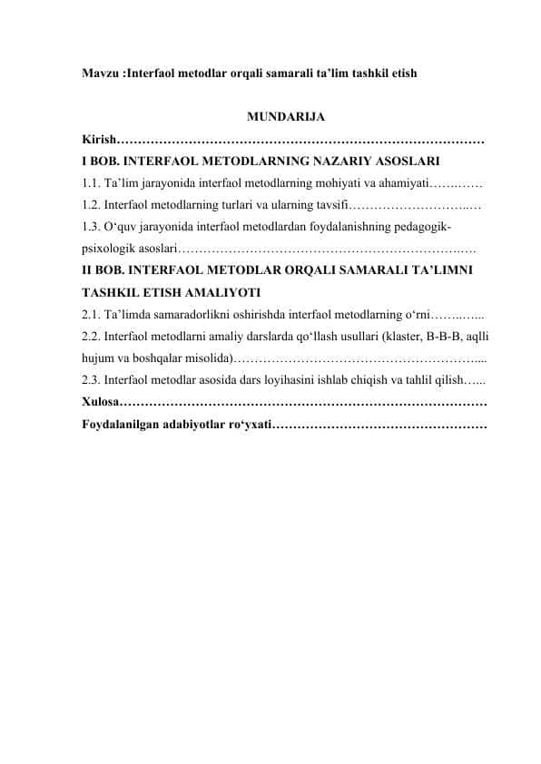 Interfaol metodlar orqali samarali ta’lim tashkil etish kurs ishi