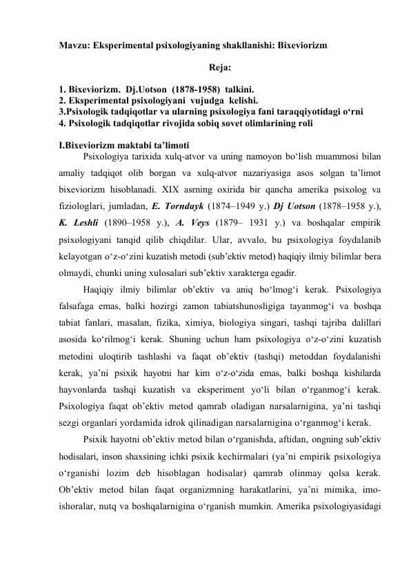 Eksperimental psixologiyaning shakllanishi Bixeviorizm