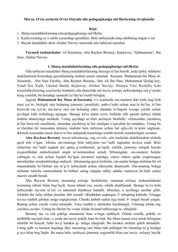 O‘rta asrlarda O‘rta Osiyoda oila pedagogikasiga oid fikrlarning rivojlanishi