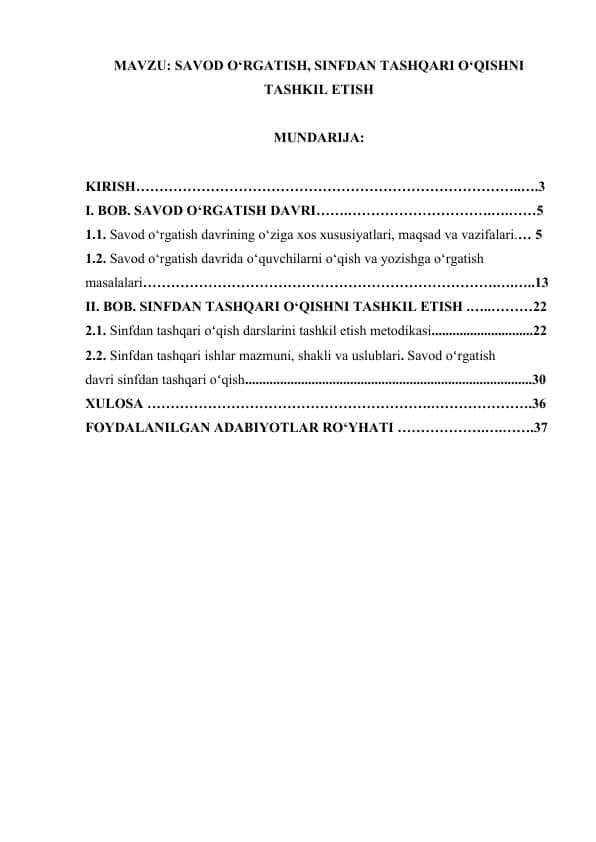 SAVOD O‘RGATISH, SINFDAN TASHQARI O’QISHNI TASHKIL ETISH.docx
