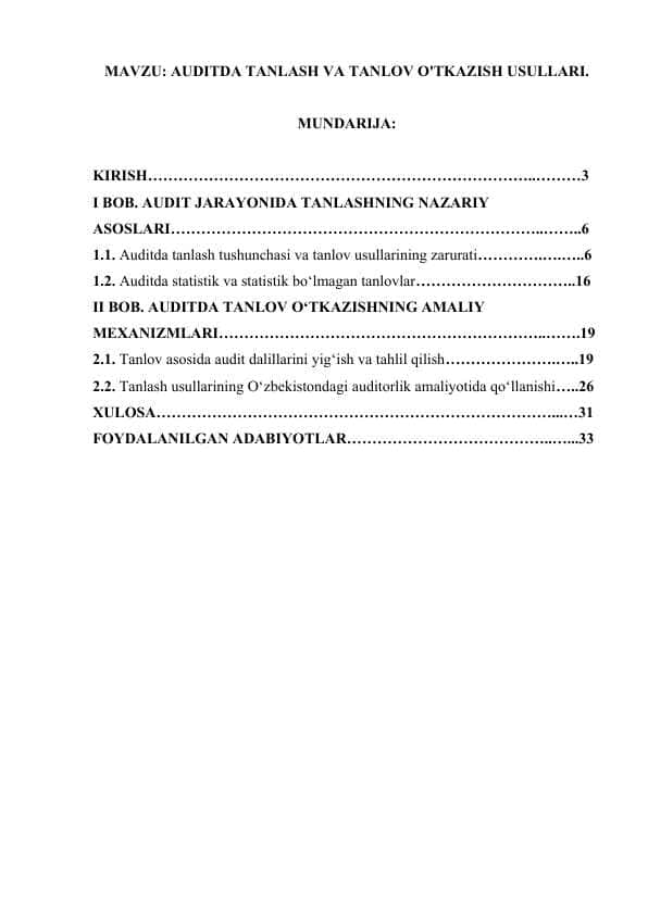 AUDITDA TANLASH VA TANLOV O'TKAZISH USULLARI..doc