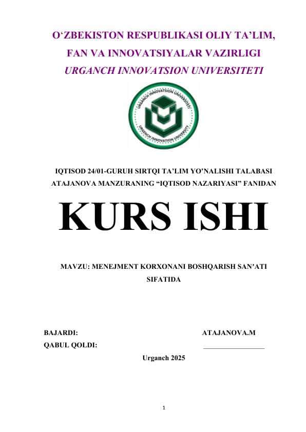MENEJMENT KORXONANI BOSHQARISH SANʼATI SIFATIDA.doc