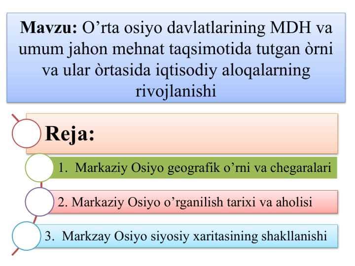 O’rta osiyo davlatlarining MDH va umum jahon mehnat taqsimotida tutgan òrni va ular òrtasida iqtisodiy aloqalarning rivojlanishi