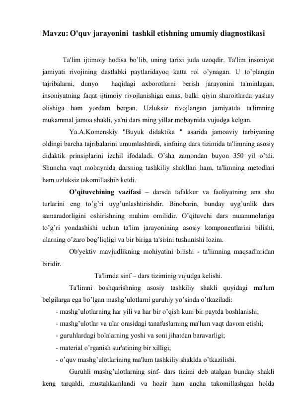 O'quv jarayonini tashkil etishning umumiy diagnostikasi