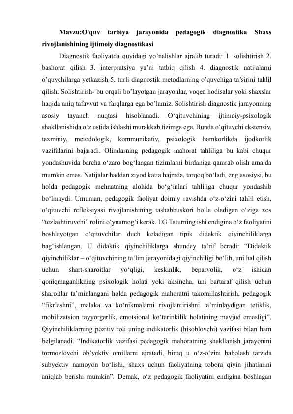 O'quv tarbiya jarayonida pedagogik diagnostika Shaxs rivojlanishining ijtimoiy diagnostikasi