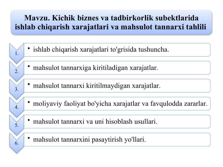 Kichik biznes vа tadbirkorlik subektlarida ishlab chiqarish хаrаjаtlari vа mahsulot tаnnarxi tаhlili