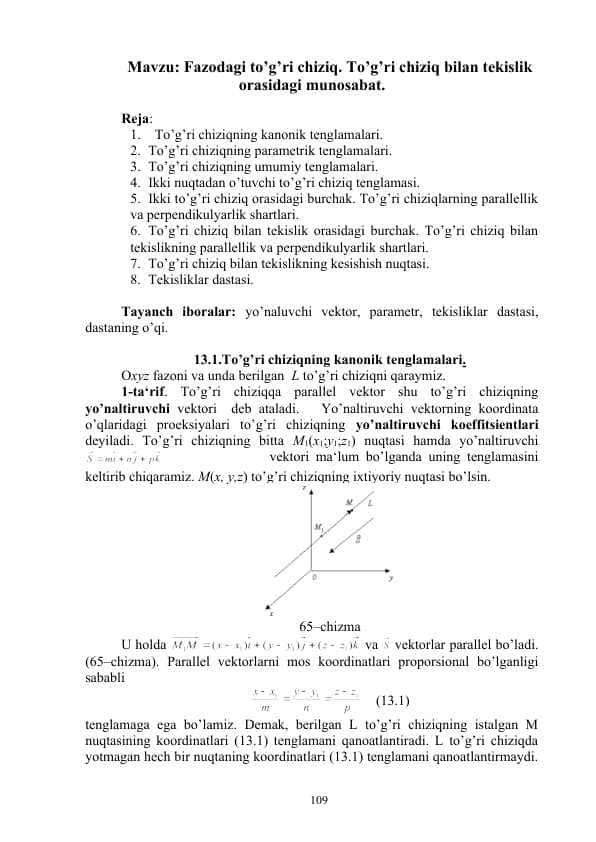 Fazodagi to’g’ri chiziq. To’g’ri chiziq bilan tekislik orasidagi munosabat.