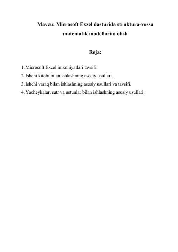 Microsoft Exzel dasturida struktura-xossa matematik modellarini olish