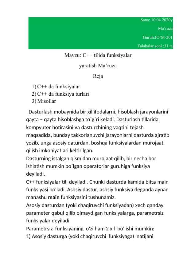 C++ tilida funksiyalar yaratish