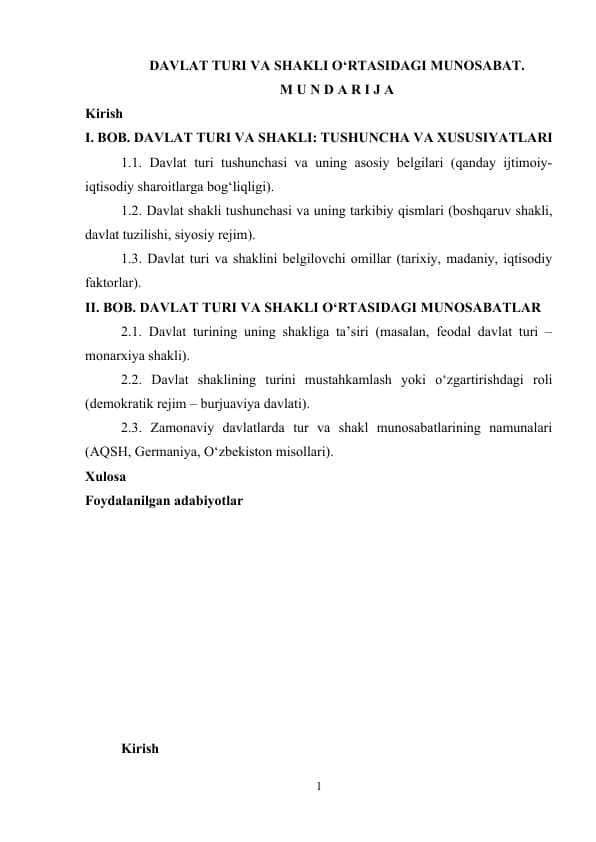 DAVLAT TURI VA SHAKLI O‘RTASIDAGI MUNOSABAT