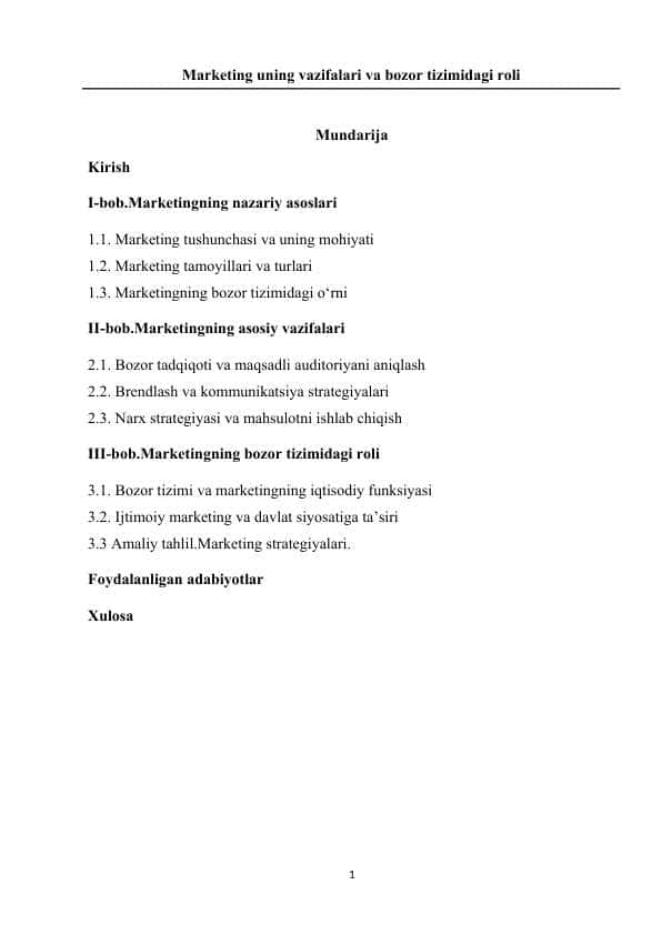 Marketing uning vazifalari va bozor tizimidagi roli