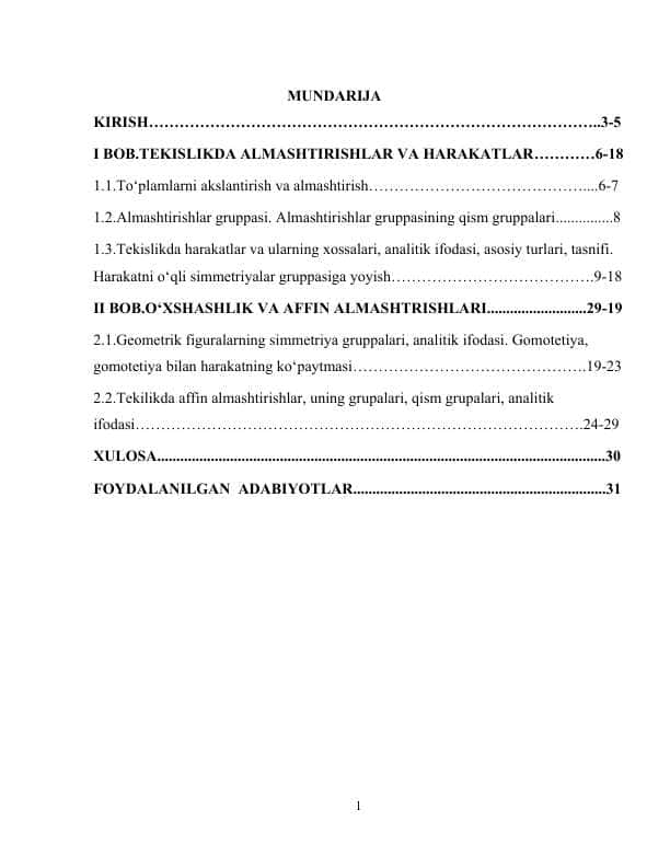 Tekislikda geometrik almashtirishlar va ularning qo‘llanishi kurs