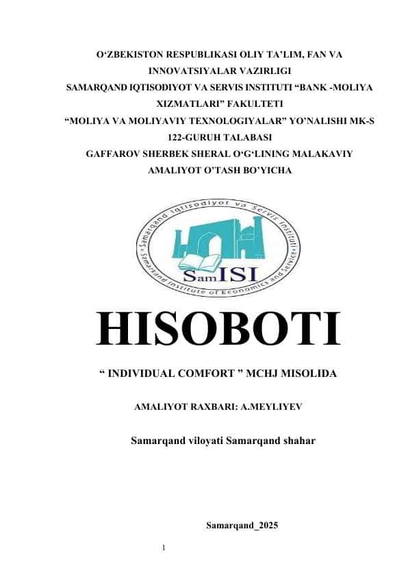 INDIVIDUAL COMFORT AMALIYOT HISOBOTI INDIVIDUAL COMFORT MALAKAVIY HISOBOT