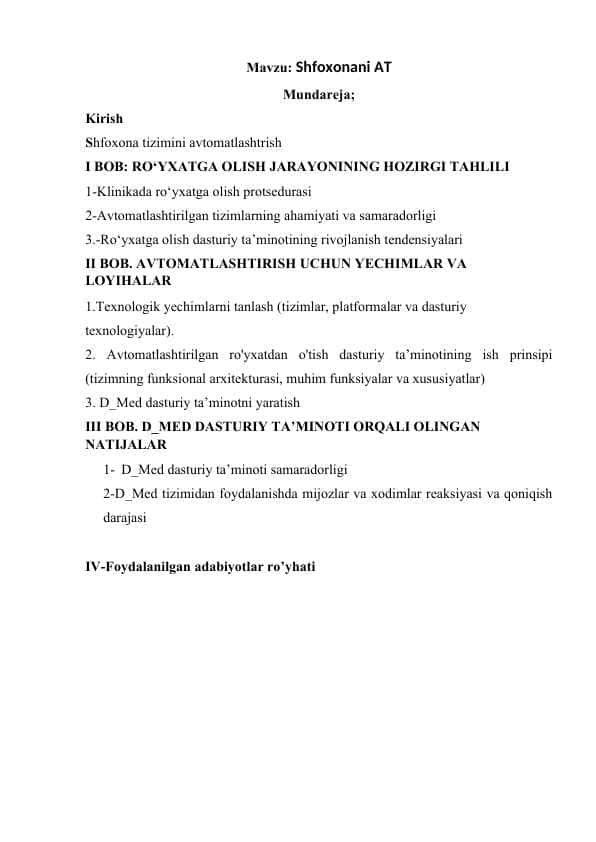 kurs ishi shifoxona tizimini avtomatlashtirish