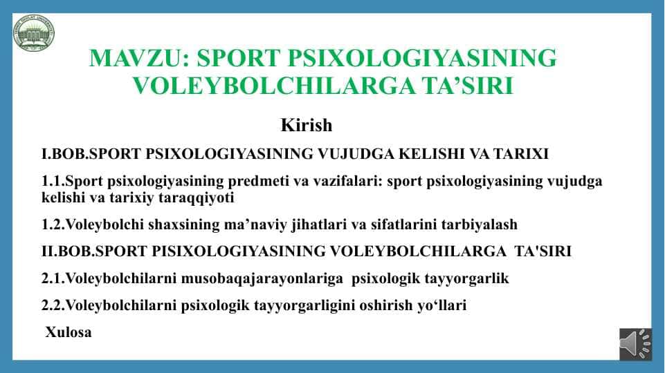 SPORT PSIXOLOGIYASINING VOLEYBOLCHILARGA TA’SIRI