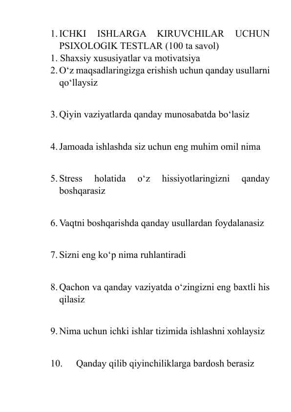 Ichki ishlarga kiruvchilar uchun psixologik testlar.