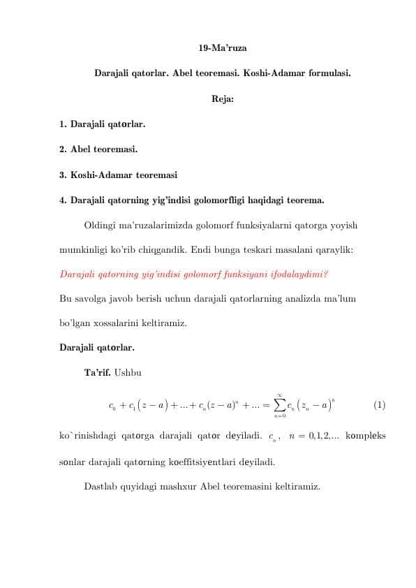 Darajali qatorlar. Abel teoremasi. Koshi-Adamar formulasi