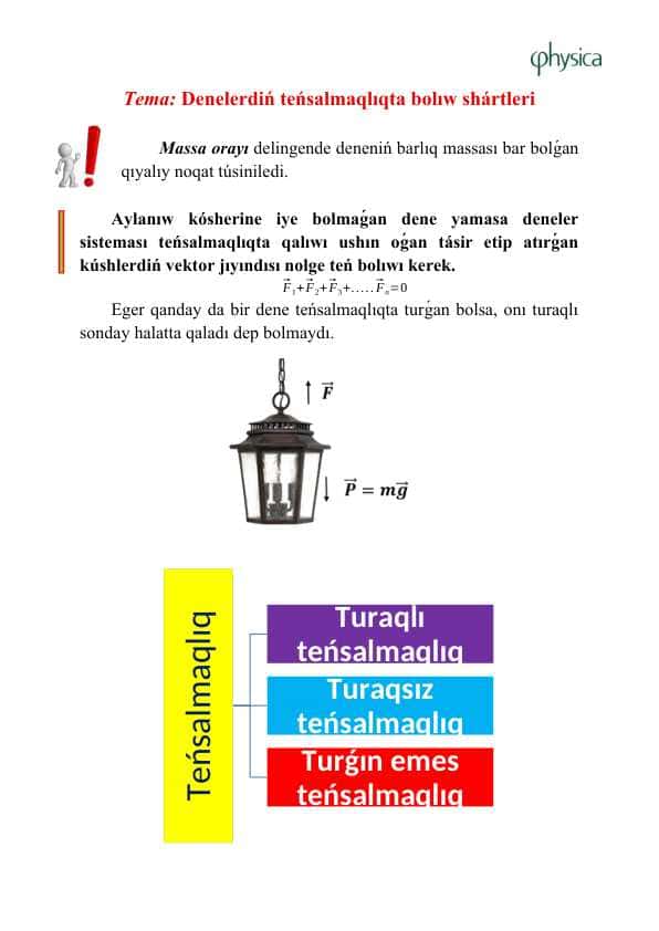 Denelerdiń teńsalmaqlıqta bolıw shártleri
