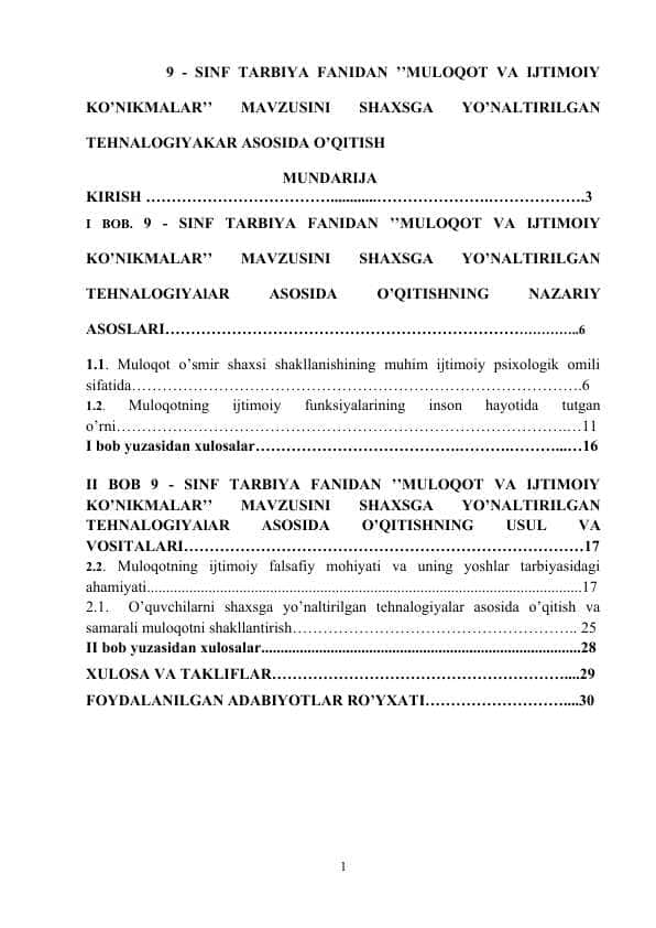 9 - SINF TARBIYA FANIDAN ’’MULOQOT VA IJTIMOIY KO’NIKMALAR’’ MAVZUSINI SHAXSGA YO’NALTIRILGAN TEHNALOGIYAKAR ASOSIDA O’QITISH
