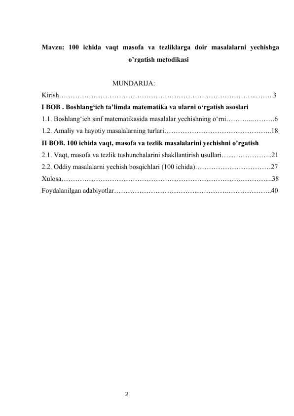 100 ichida vaqt masofa va tezliklarga doir masalalar yechishga oʻrgatish metodikasi
