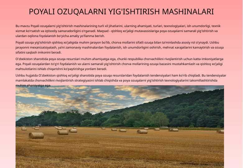 POYALI OZUQALARNI YIG'ISHTIRISH MASHINALARI