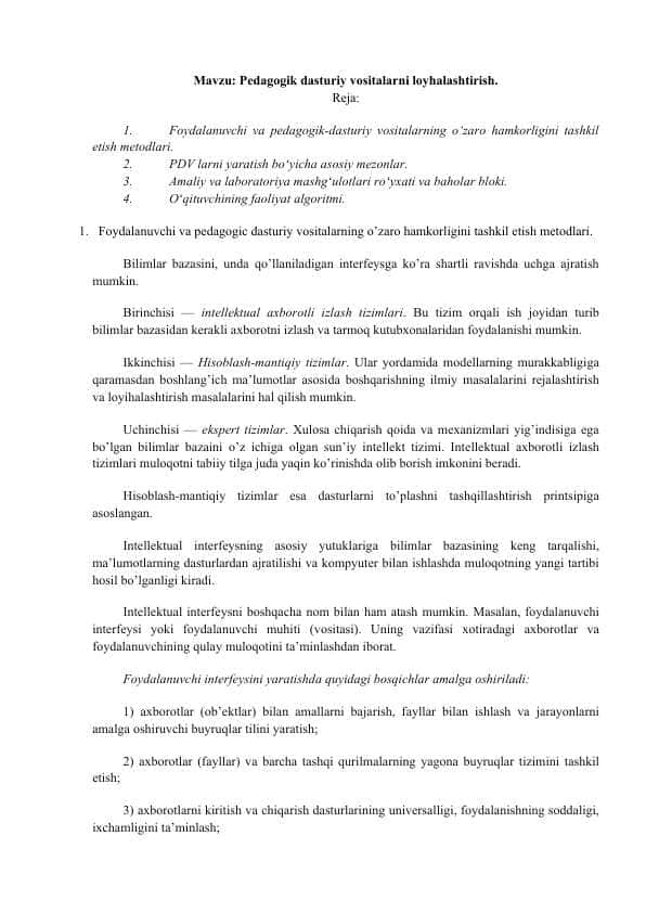 Pedagogik dasturiy vositalarni loyhalashtirish