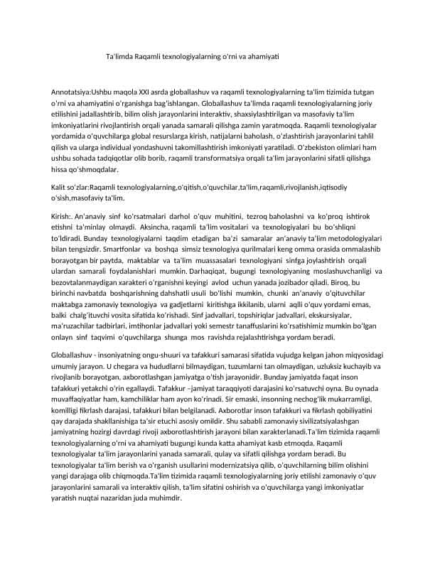 Ta'limda Raqamli texnologiyalar o'rni