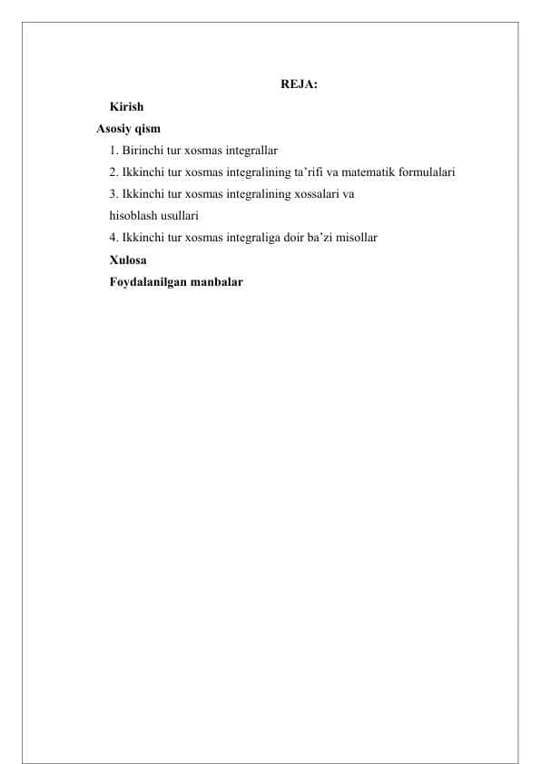 Ikkinchi tur xosmas integrallar kurs ishi
