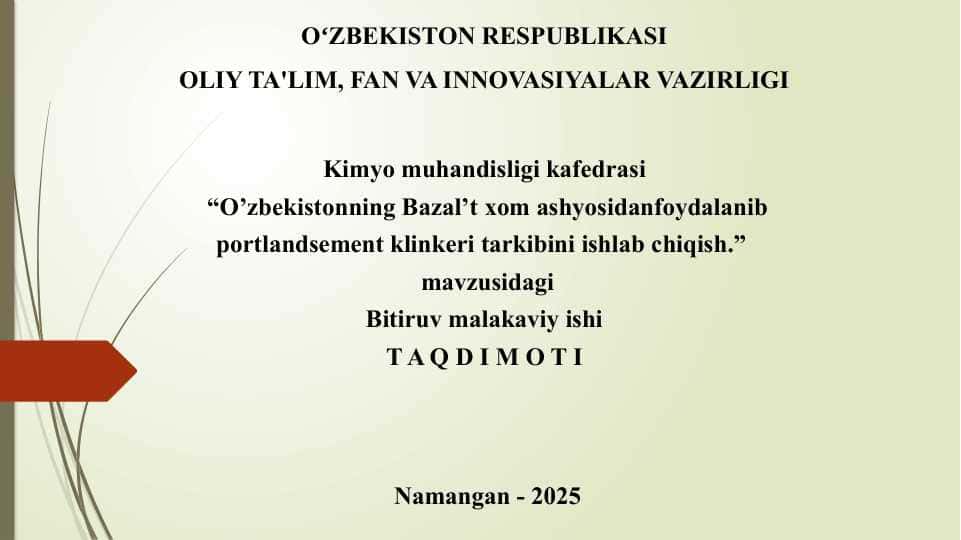 Bitiruv malakaviy ishi T A Q D I M O T I