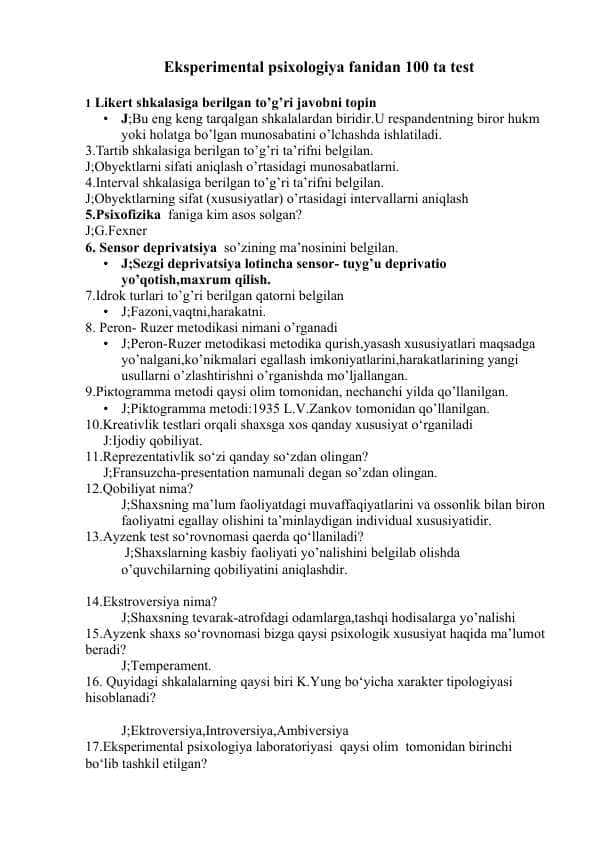 Eksperimental psixologiya fanidan 100 ta test