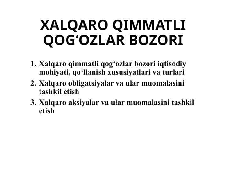 XALQARO QIMMATLI QOGʻOZLAR BOZORI