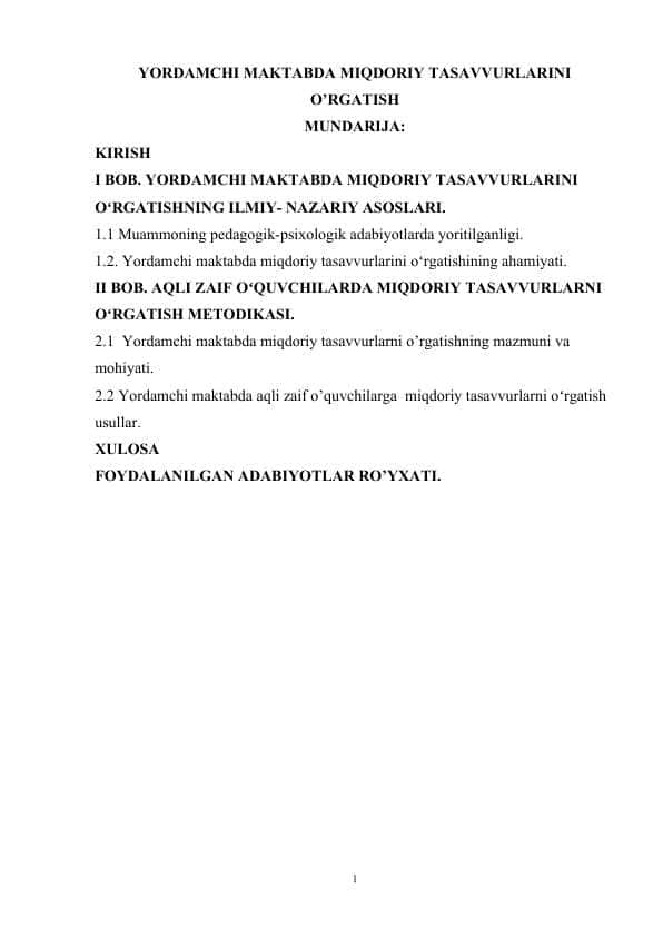 Yordamchi maktabda miqdoriy tasavvurlarini o’rgatish