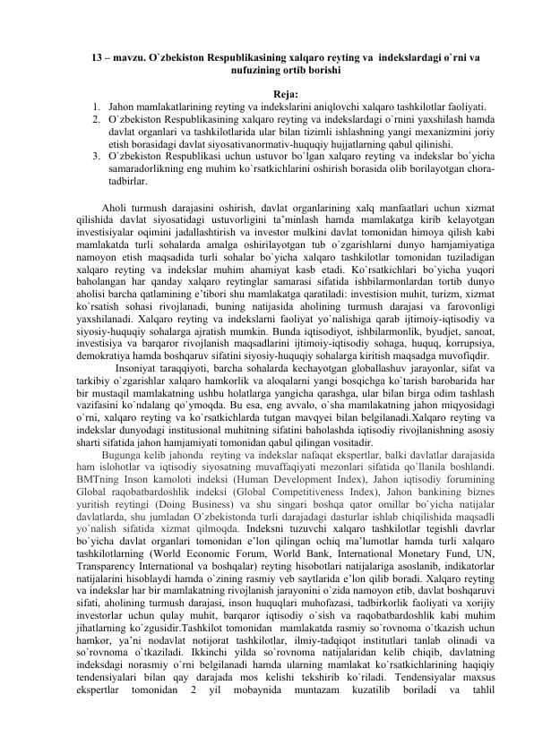 O`zbekiston Respublikasining xalqaro reyting va indekslardagi o`rni va nufuzining ortib borishi
