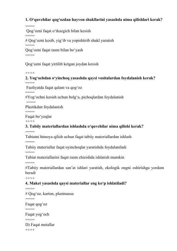 Mehnat fanidan test savollari va javoblari.