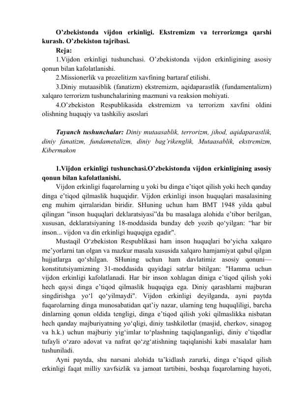 O’zbekistonda vijdon erkinligi. Ekstremizm va terrorizmga qarshi kurash. O’zbekiston tajribas