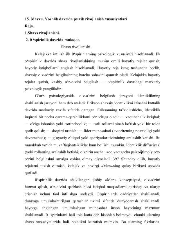 Yoshlik davrida psixik rivojlanish xususiyatlari.