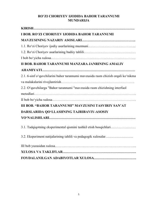RO’ZI CHORIYEV IJODIDA BAHOR TARANNUMI