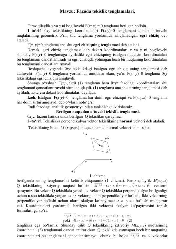 Fazoda tekislik tenglamalari