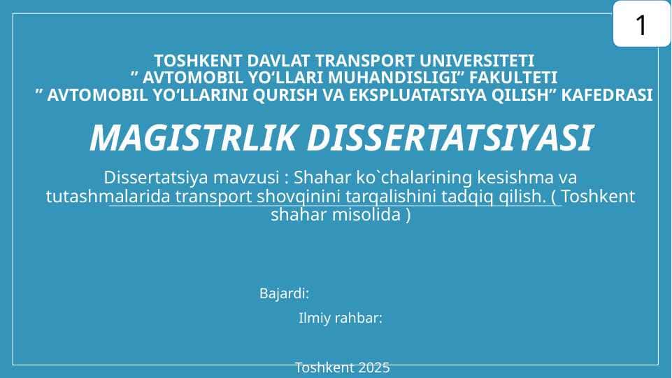 Shahar ko`chalarining kesishma va tutashmalarida transport shovqinini tarqalishini tadqiq qilish. ( Toshkent shahar misolida )
