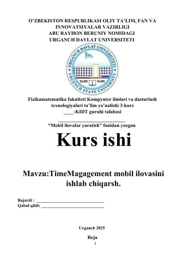 TimeMagagement mobil ilovasini ishlab chiqarsh.