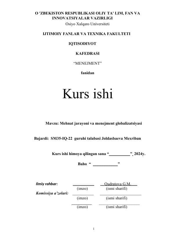 Mehnat jarayoni va menejment globalizatsiyasi (2).docx kurs ishi