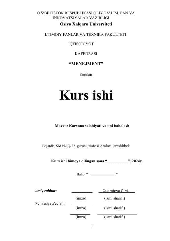 Korxona salohiyati va uni baholash.docx kurs ishi