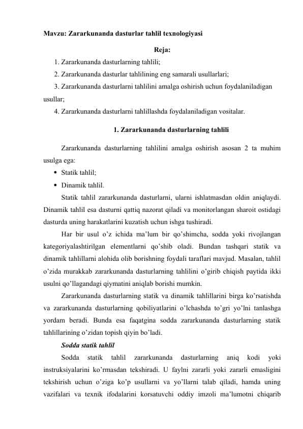 Zararkunanda dasturlar tahlil texnologiyasi
