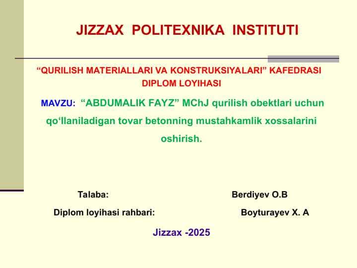 Tovar betonning mustahkamlil xossalarini oshirish