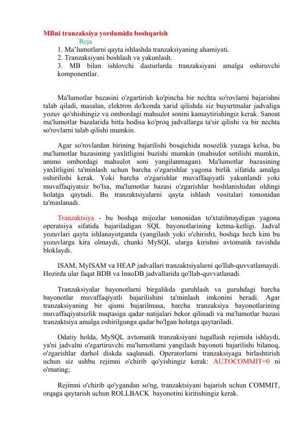 MBni tranzaksiya yordamida boshqarish