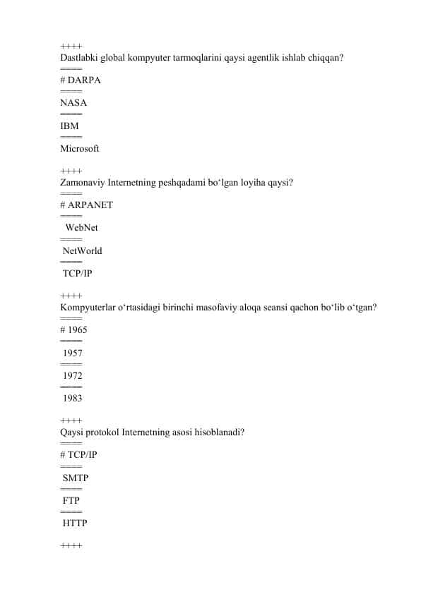 Internet tarmoqlari va xizmatlari fanidan yakuniy test javoblari