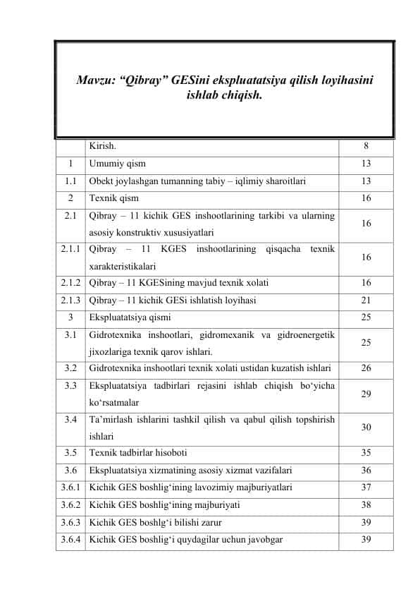 Qibray” GESini ekspluatatsiya qilish loyihasini ishlab chiqish.