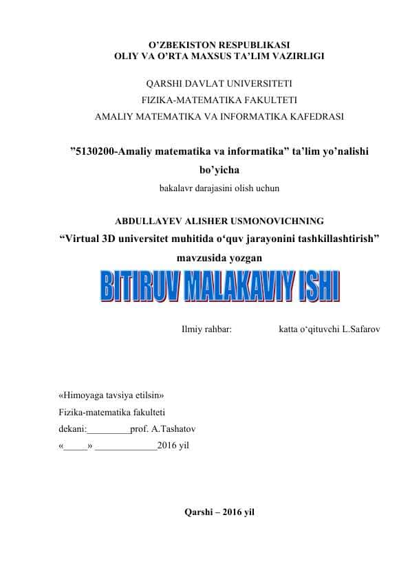 Virtual 3D universitet muhitida oʻquv jarayonini tashkillashtirish